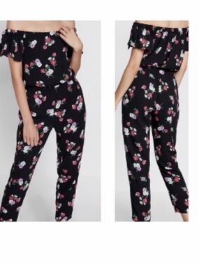 EXPRESS Women's Black Floral Off-Shoulder Jumpsuit, lined Size Small